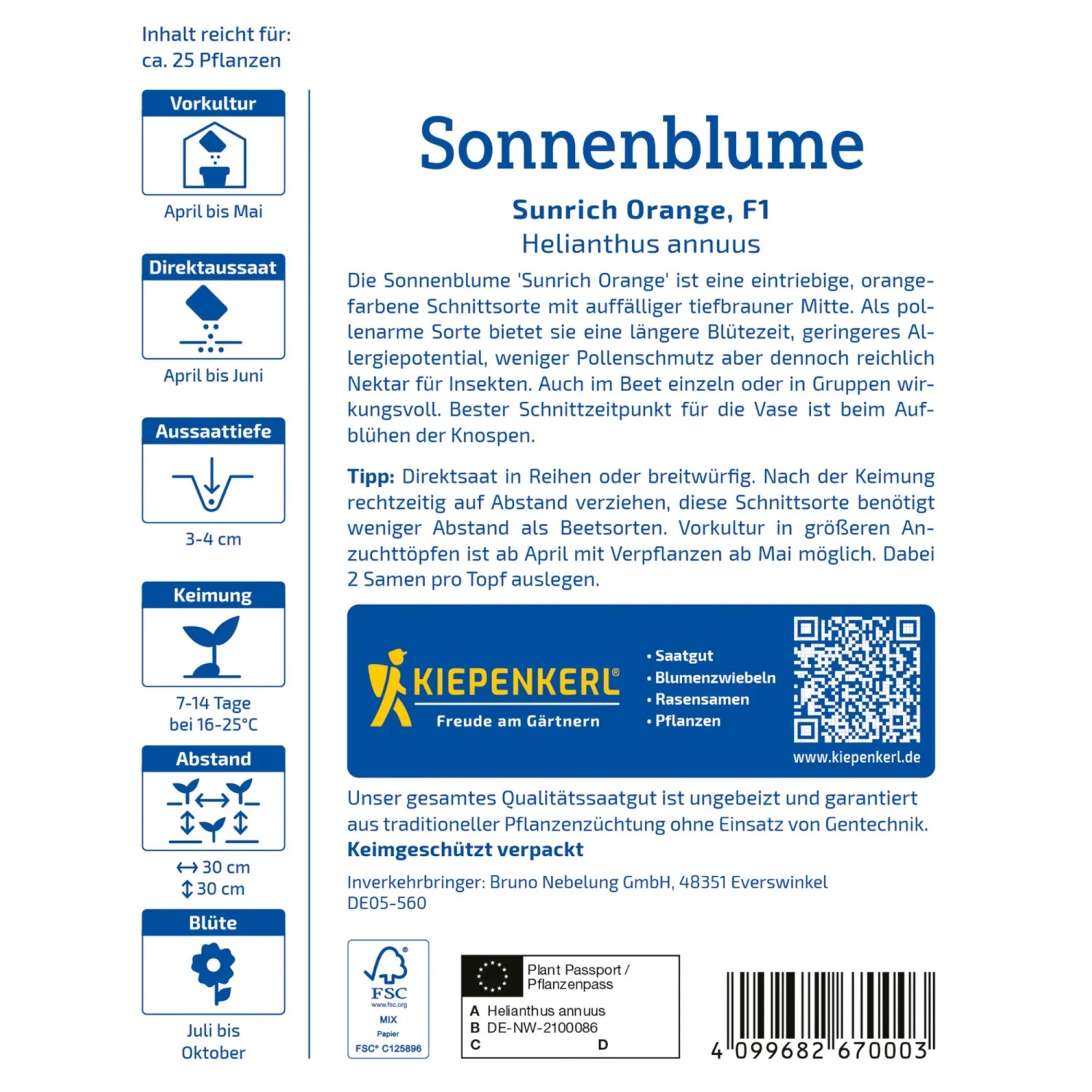 Kiepenkerl Sonnenblume Sunrich Orange Samenpackung, gelb-orange Blüte.