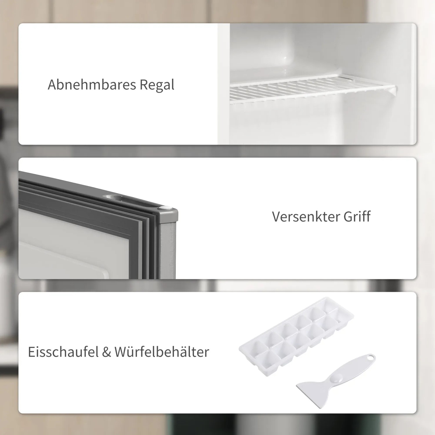 Details des HOMCOM Mini-Gefrierschranks: Regalfach, Griff und Zubehör (Eisschaufel, Eiswürfelbehälter).