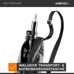 Walimex pro WT-806 Lichtstativ in grauer Transporttasche mit Schultergurt. Praktisch für Fotostudio.
