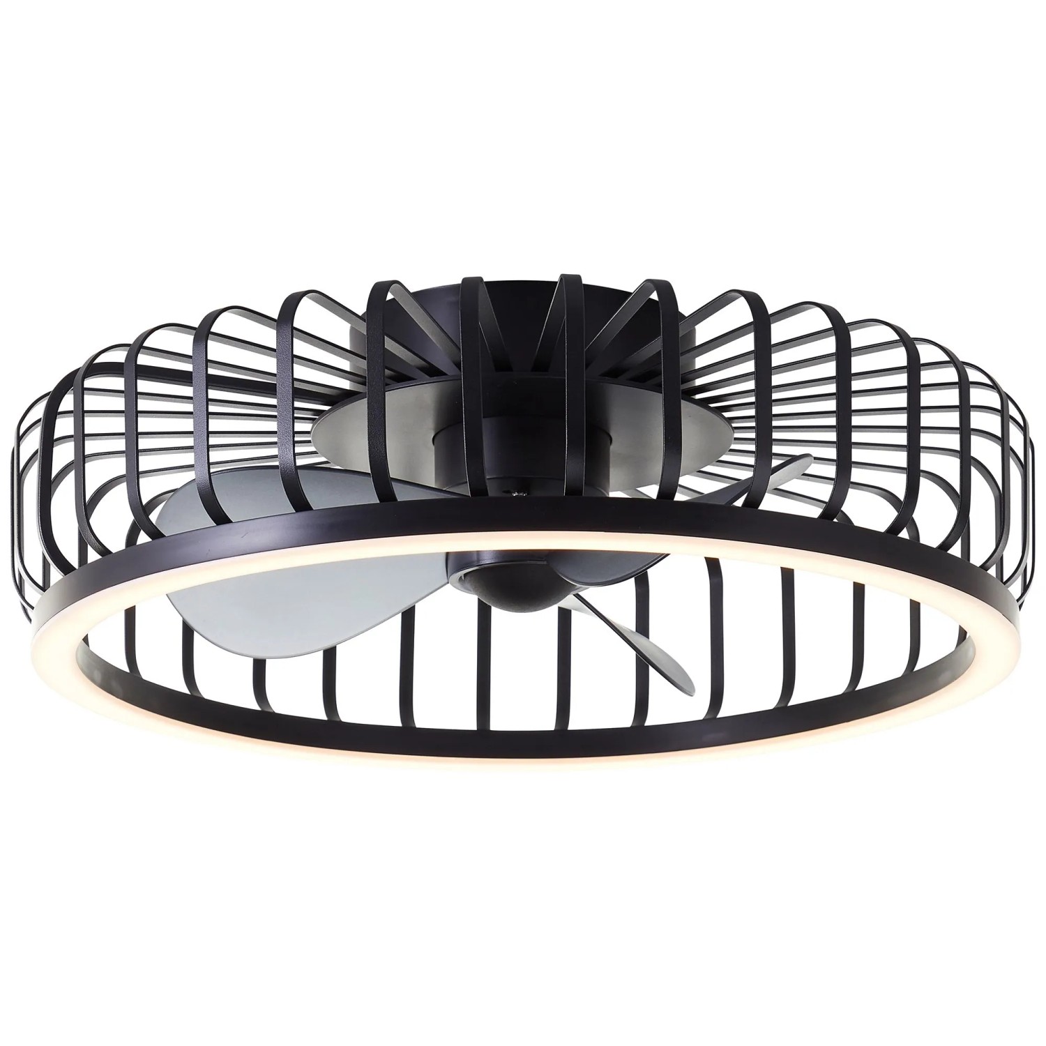 Schwarze LED-Deckenleuchte Capo mit Ventilator, Ø 48cm. Moderne Deckenlampe mit integriertem Ventilator.