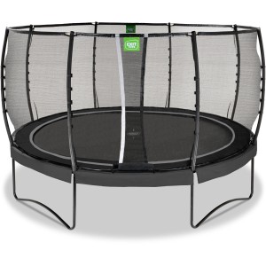 Schwarzes EXIT Allure Premium Trampolin Ø 427 cm mit Sicherheitsnetz für den Garten.