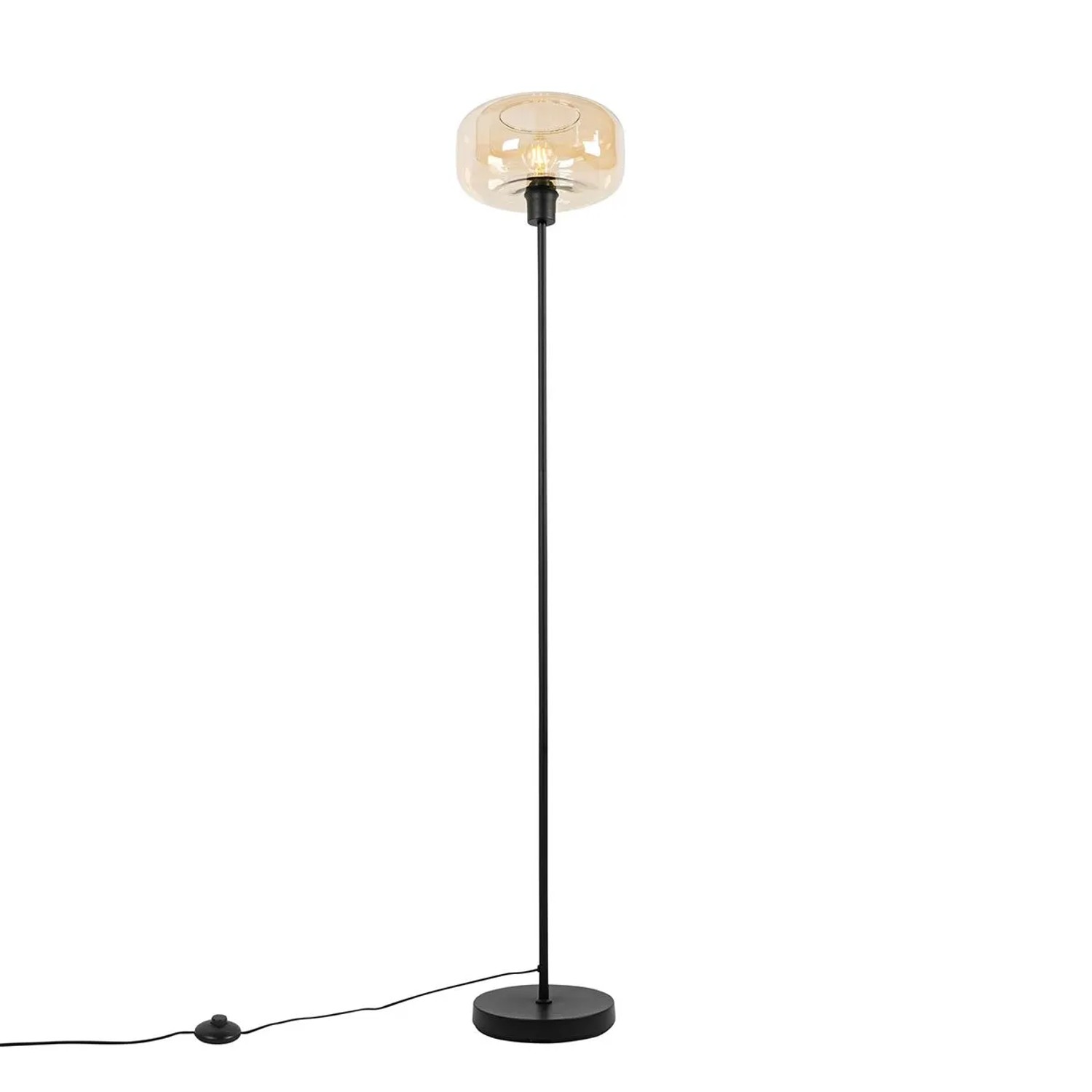 Art Deco Stehlampe Bizle in Schwarz mit braunem Glasschirm. Elegante Innenleuchte für Wohnräume.