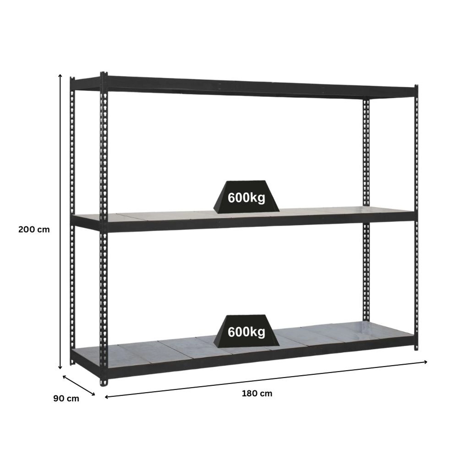 Anthrazitfarbenes PROREGAL Schwerlastregal Metal Beast mit 2 Böden, 200x180x90 cm, Fachlast 600 kg.