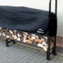 Schwarzes ShelterLogic Kaminholzregal 244 cm mit Abdeckung, gefüllt mit Holz.