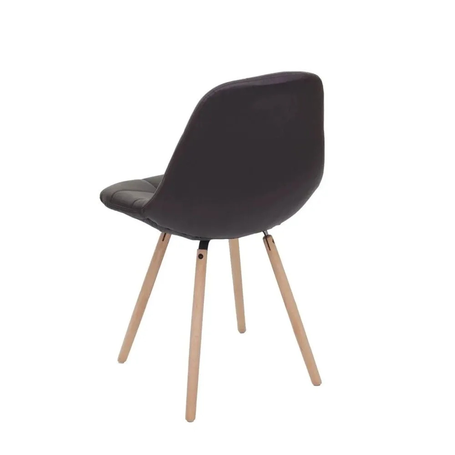 Brauner Esszimmerstuhl MCW A60 II aus Kunstleder mit dekorativer Ziernaht und hellen Holzbeinen im Retro-Design.
