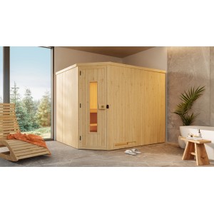 Weka Element-Ecksauna Varberg 4 Sparset mit Holztür und Ofen im modernen Badezimmer.