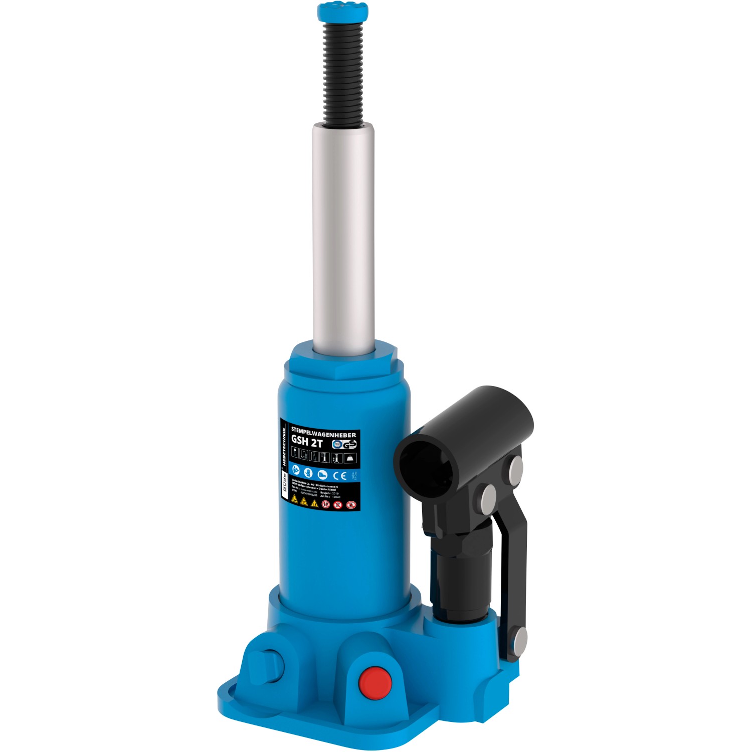Blauer Güde Stempelwagenheber GSH 2T mit Hebel und ausgefahrener Spindel. Ideal für Autoreparaturen.