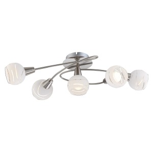 Moderne LED-Deckenleuchte Elliott mit 5 Spots, Metall Nickel matt und satiniertem Glas.