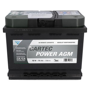 Cartec Power AGM Starterbatterie, 70 Ah, 720 A, für Autoelektrik und Start-Stopp-Systeme.