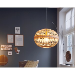 Braune Eglo Hängeleuchte Amsfield aus Stahl und Holz, Pendelleuchte im Vintage-Design.