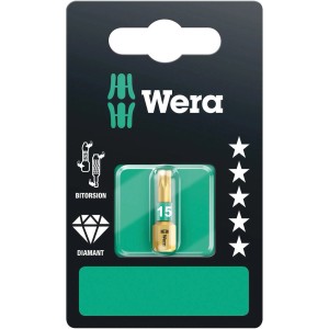 Wera Bit TX15, 25 mm, diamantbeschichtet mit Bi-Torsionszone für sicheren Halt in Schrauben.