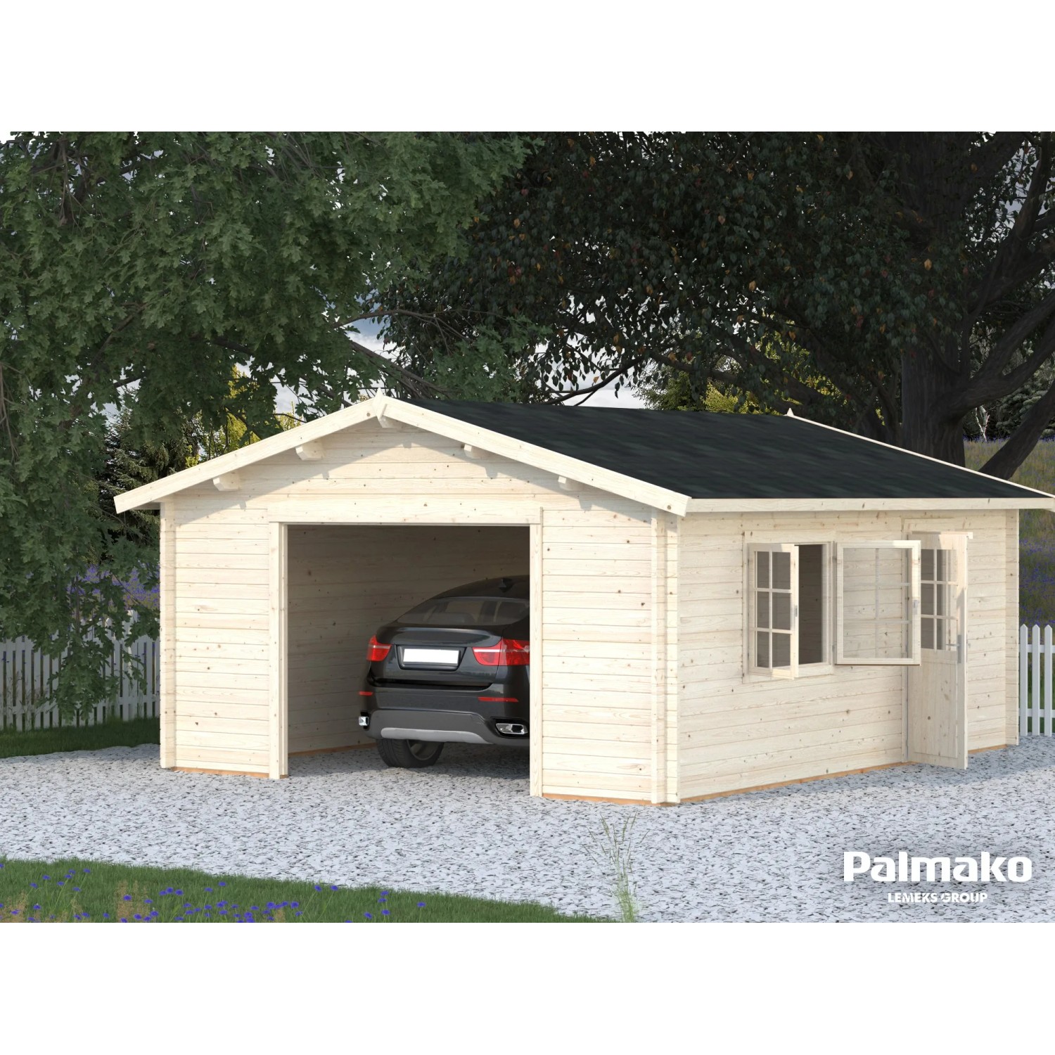 Palmako Holzgarage Roger: Fertiggarage aus Holz mit Fenster und Tür, Auto steht drin.