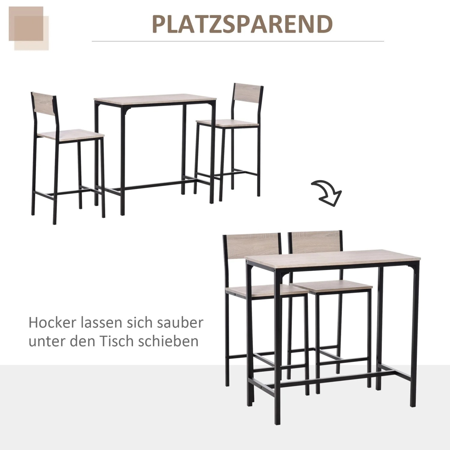 Modernes 3-teiliges HOMCOM Bartisch-Set aus MDF und Metall in Natur/Schwarz. Barhocker platzsparend unter Tisch geschoben.
