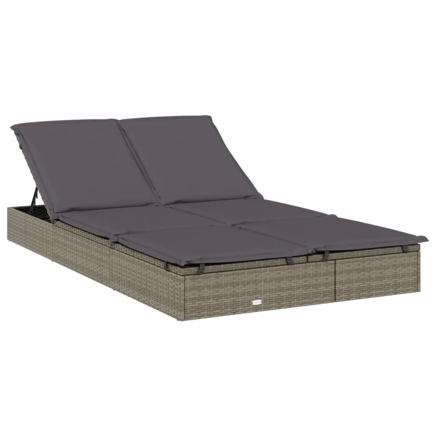 Graue 2-Personen Sonnenliege mit Dach aus Polyrattan, verstellbare Rückenlehne und Kissen.