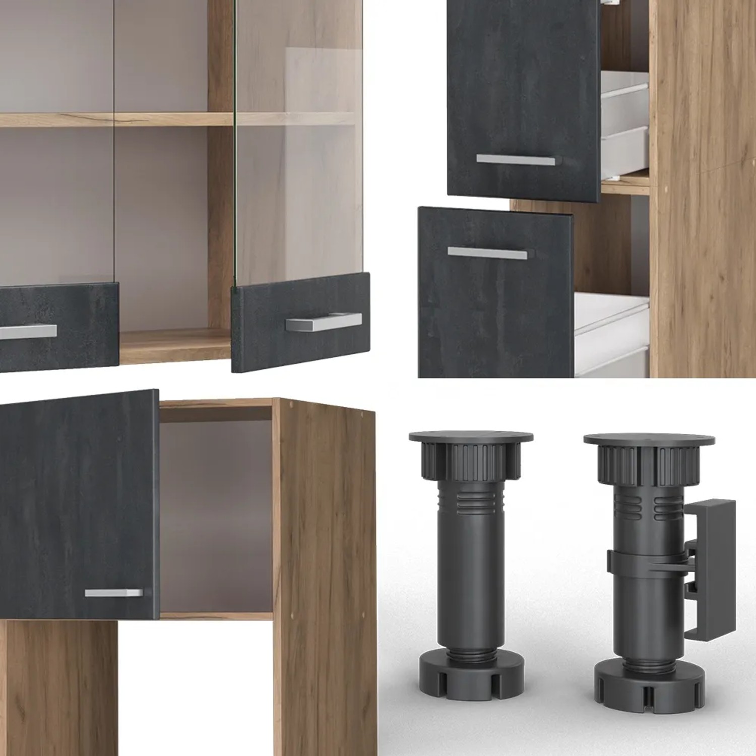 Vicco R-Line Küchenzeile in Schwarz Beton/Goldkraft Eiche mit Marmor Arbeitsplatte und höhenverstellbaren Füßen.