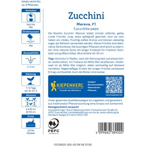 Kiepenkerl Saatgut Zucchini Mareva F1: Packung mit Samen für gelbe, runde Zucchini.