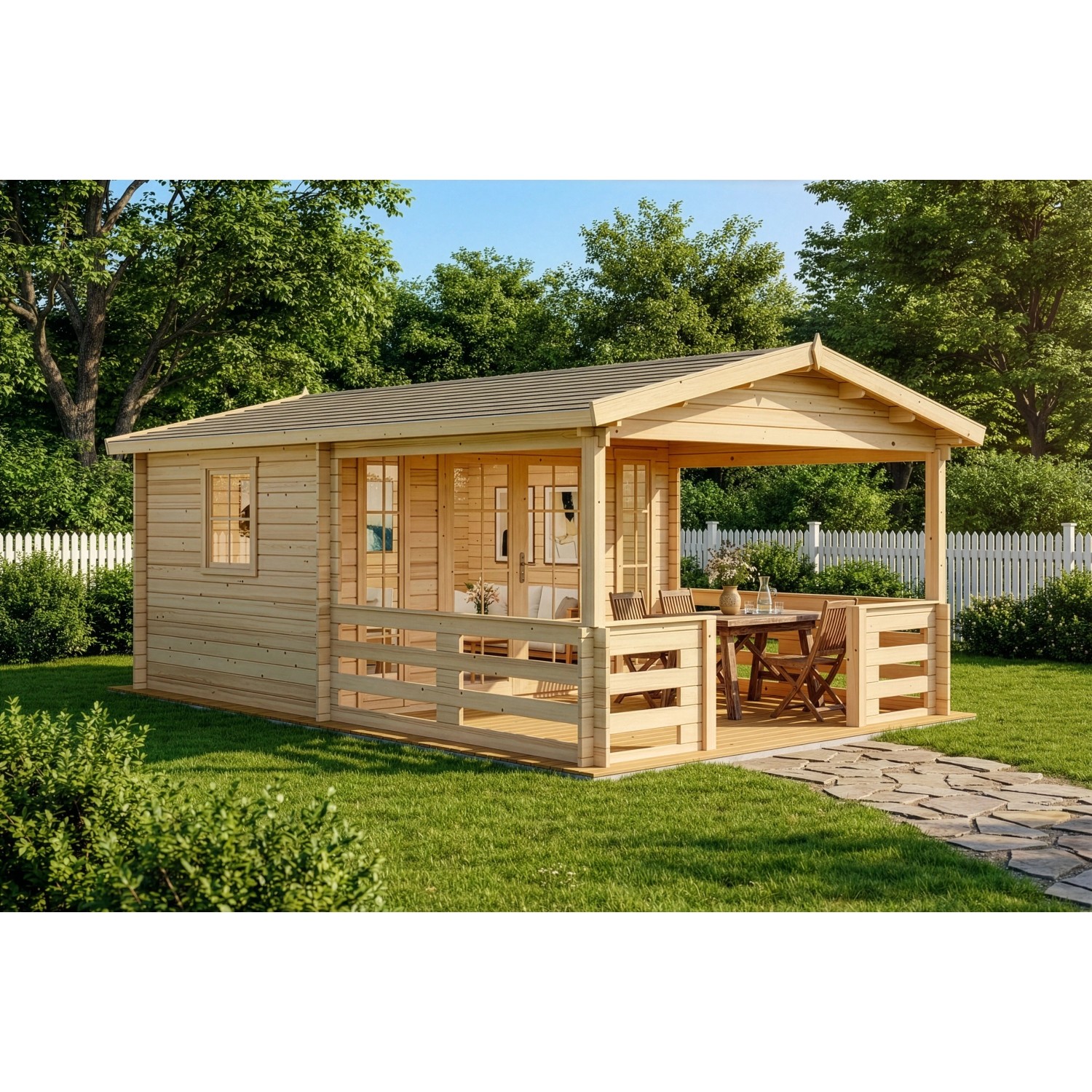 Alpholz Holz-Gartenhaus Lappland 410x594cm Naturbelassen 34mm Wandstärke