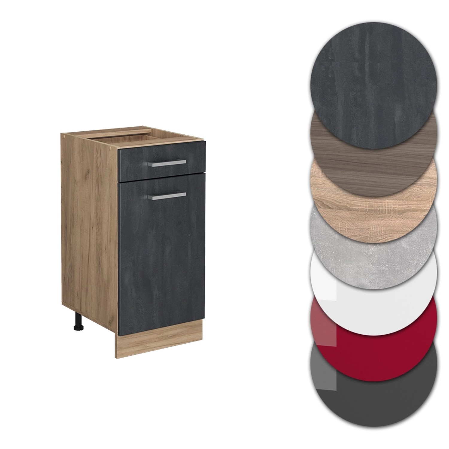 Vicco Küchenunterschrank R-Line, 40 cm, Schwarz Beton/Eiche Dekor mit Farbauswahl