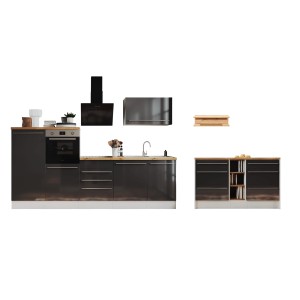 Respekta Küchenzeile Gabriel 290 cm mit Insel, grau hochglanz, inklusive E-Geräte.