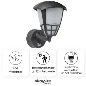 Oktaplex Bel Außenlampe mit Sensor, anthrazit, inklusive E27 Leuchtmittel für warmweißes Licht.