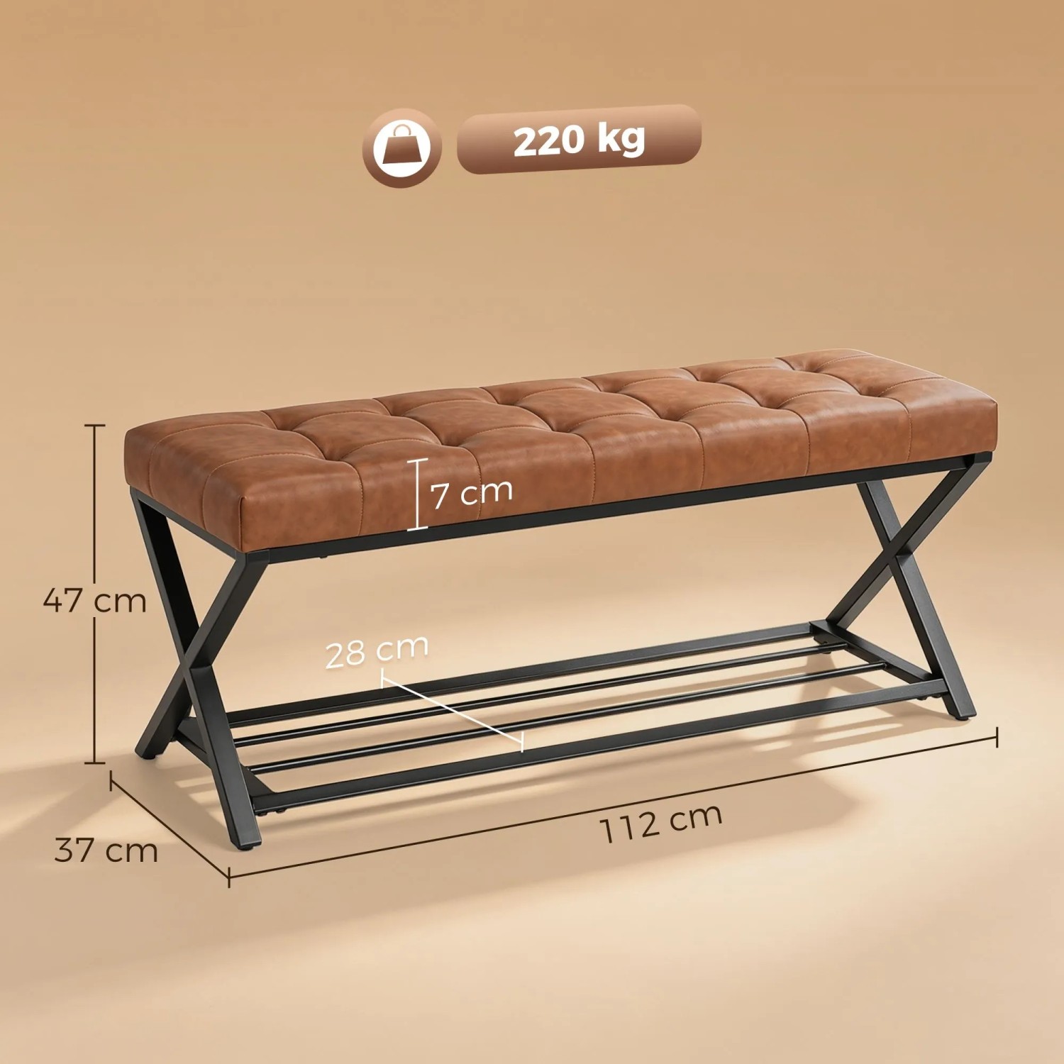Braune Kunstleder Schuhbank mit schwarzem Kohlenstoffstahlrahmen, gepolstertem Sitz und Metallregal für Schuhe. 112x37x47 cm, 220 kg Tragkraft.