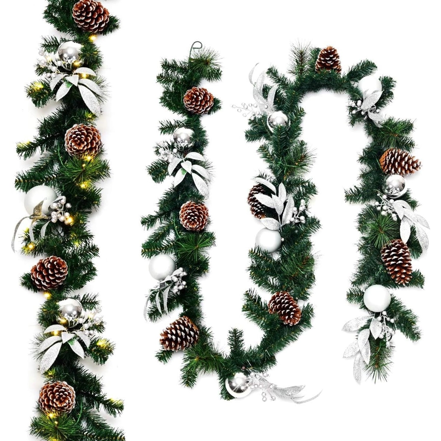 Costway Weihnachtsgirlande mit 50 Leds Warmweiß 270cm mit Silberkugeln