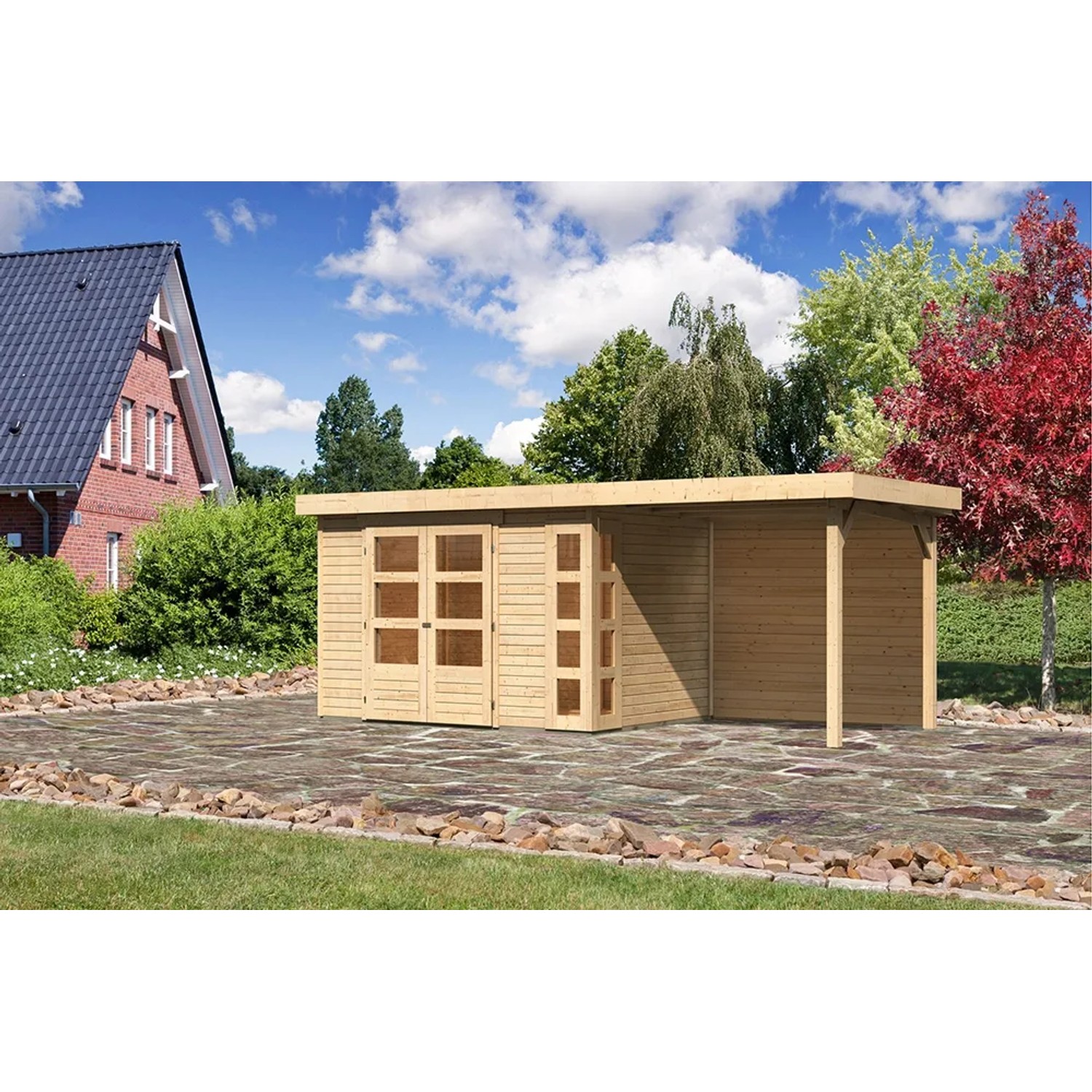 Karibu Holz-Gartenhaus Sölve, unbehandelt mit Flachdach und Anbau. Naturholzoptik.