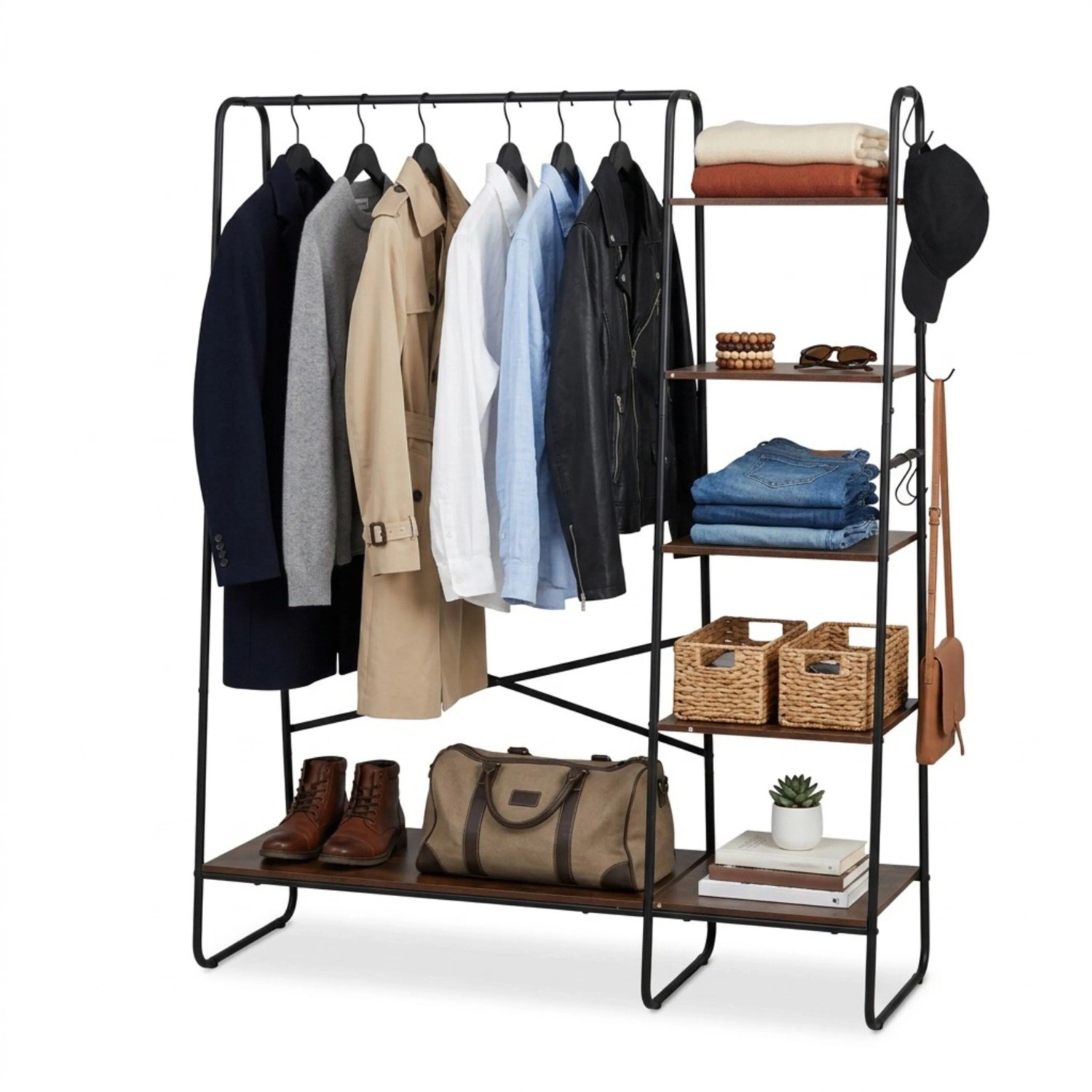 Relaxdays Kleiderständer Eisen Braun Schwarz mit 6 Ablagen 160 cm x 120 cm x 45 cm
