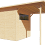 Bertilo Gerätehaus Pent Modern 3 Plus aus Holz mit Anbau und Fenster.