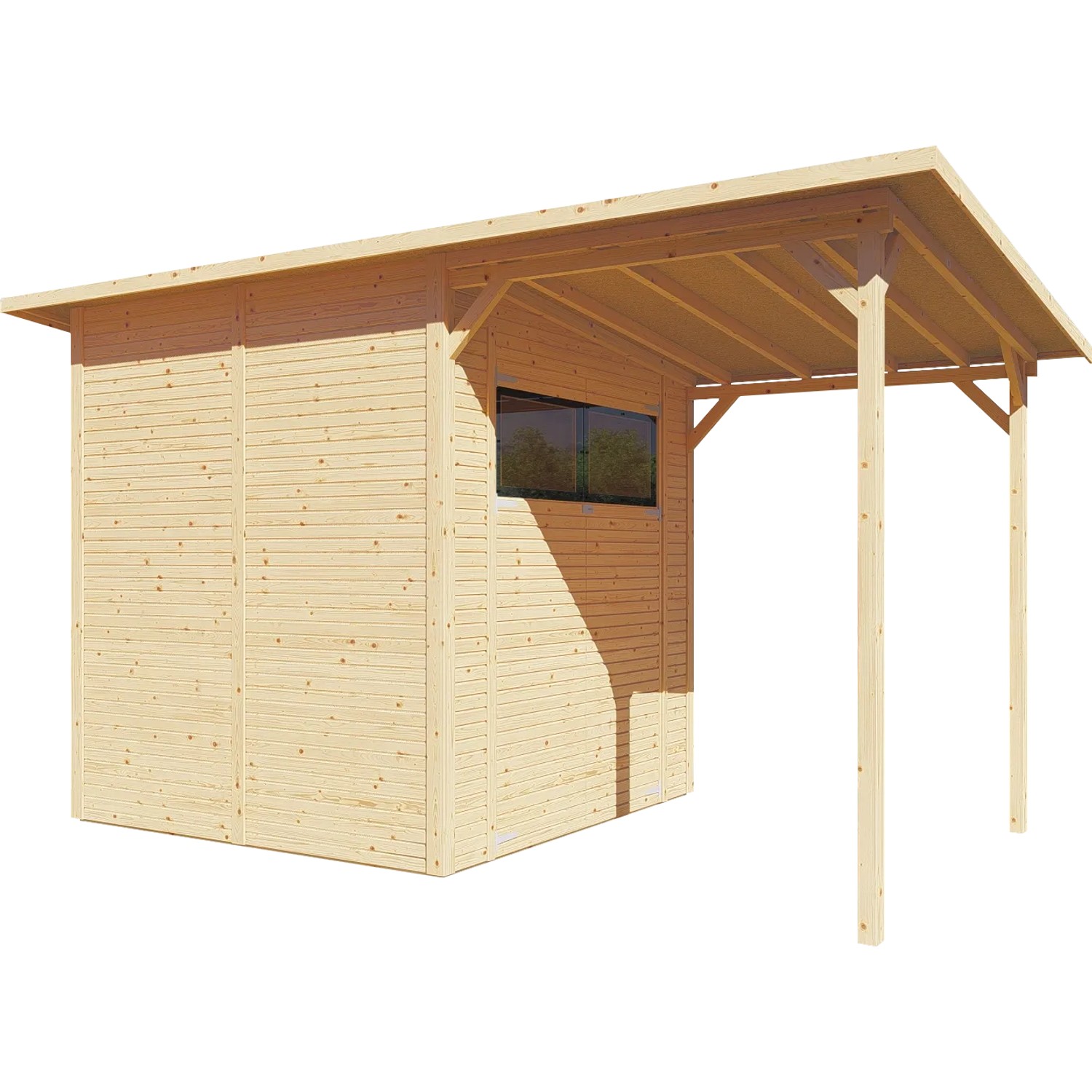 Bertilo Gerätehaus Pent Modern 3 Plus aus Holz mit Anbau und Fenster.