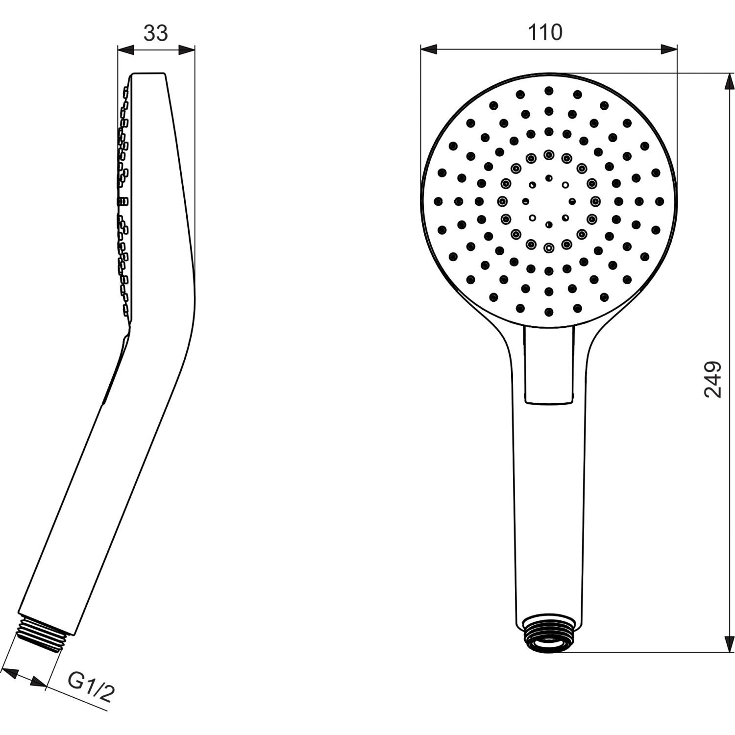 Technische Zeichnung: Ideal Standard Idealrain Evo Handbrause, rund, Ø110mm, 3 Strahlarten.