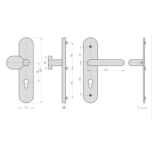 Technische Zeichnung: Basi Schutzbeschlag SB 7500 ES1 Edelstahl Wechsel-Garnitur mit Maßangaben.