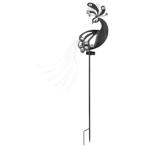 Silbergraue Solarleuchte in Pfauenform, 88 cm, für den Garten. Dekorative Außenleuchte mit LED.