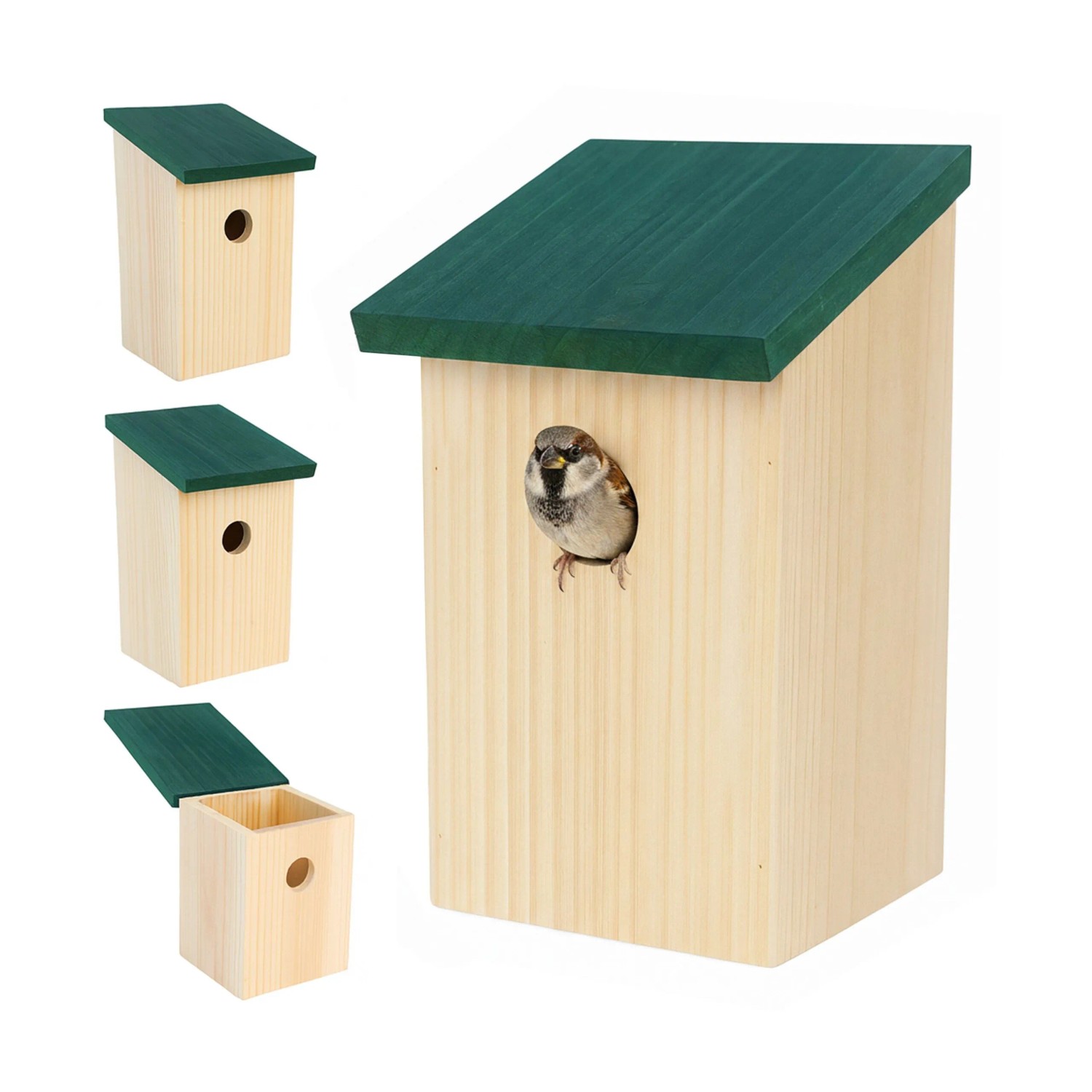 Relaxdays Nistkasten Tannenholz Grün Klappdach 4er Set 22 cm x 12 cm x 14 cm