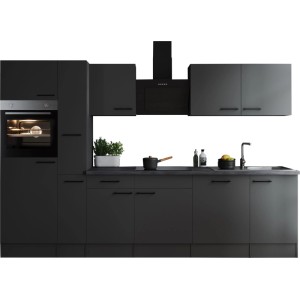 Respekta Küchenzeile Oliver 310 cm Grau Matt mit E-Geräten und Spüle.