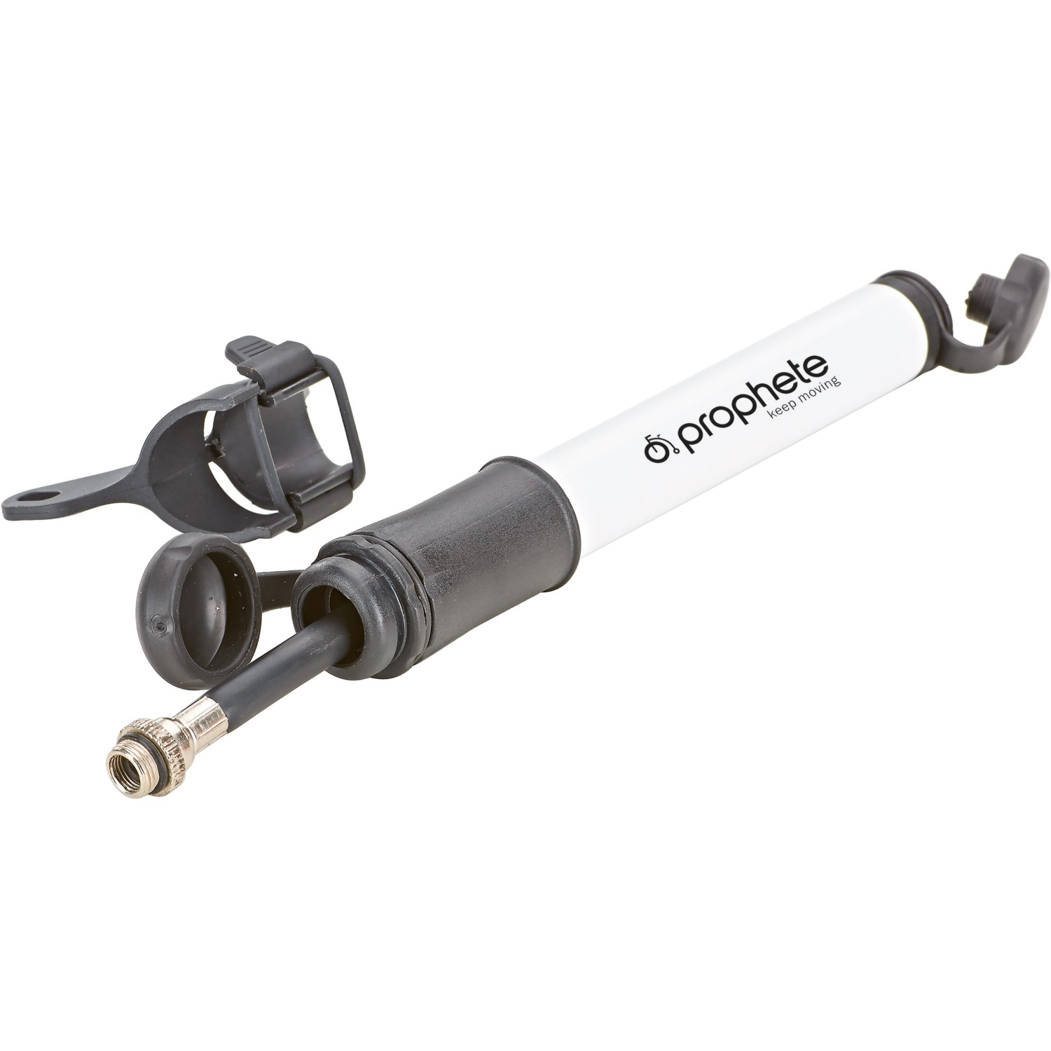 Prophete Mini-Luftpumpe für Fahrradreifen, 190mm, mit Halterung und Schlauchfach.