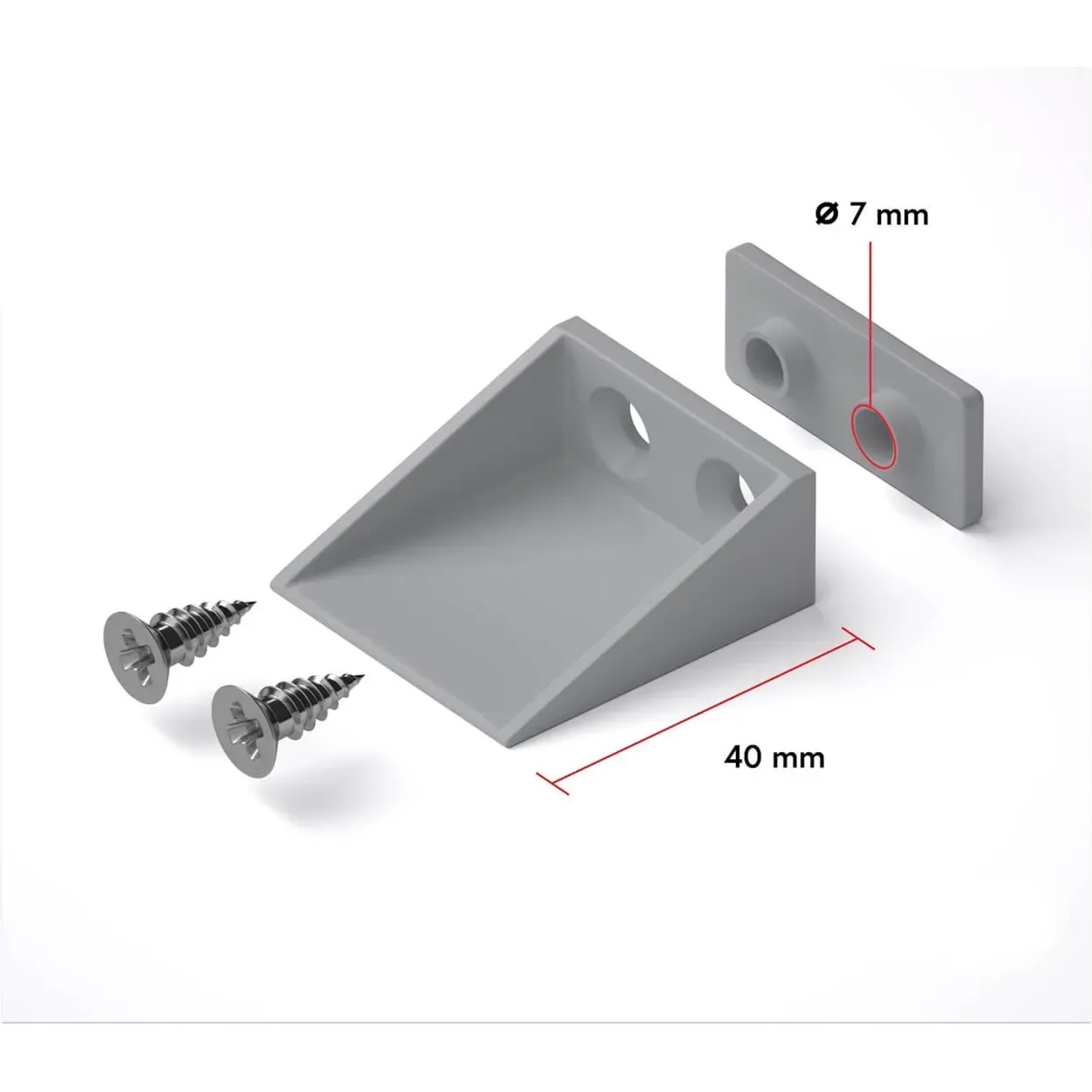 Hellgrauer 40mm Rollladen Anschlagwinkel aus Kunststoff mit Schrauben und Abdeckkappe für Rollladensteuerung.
