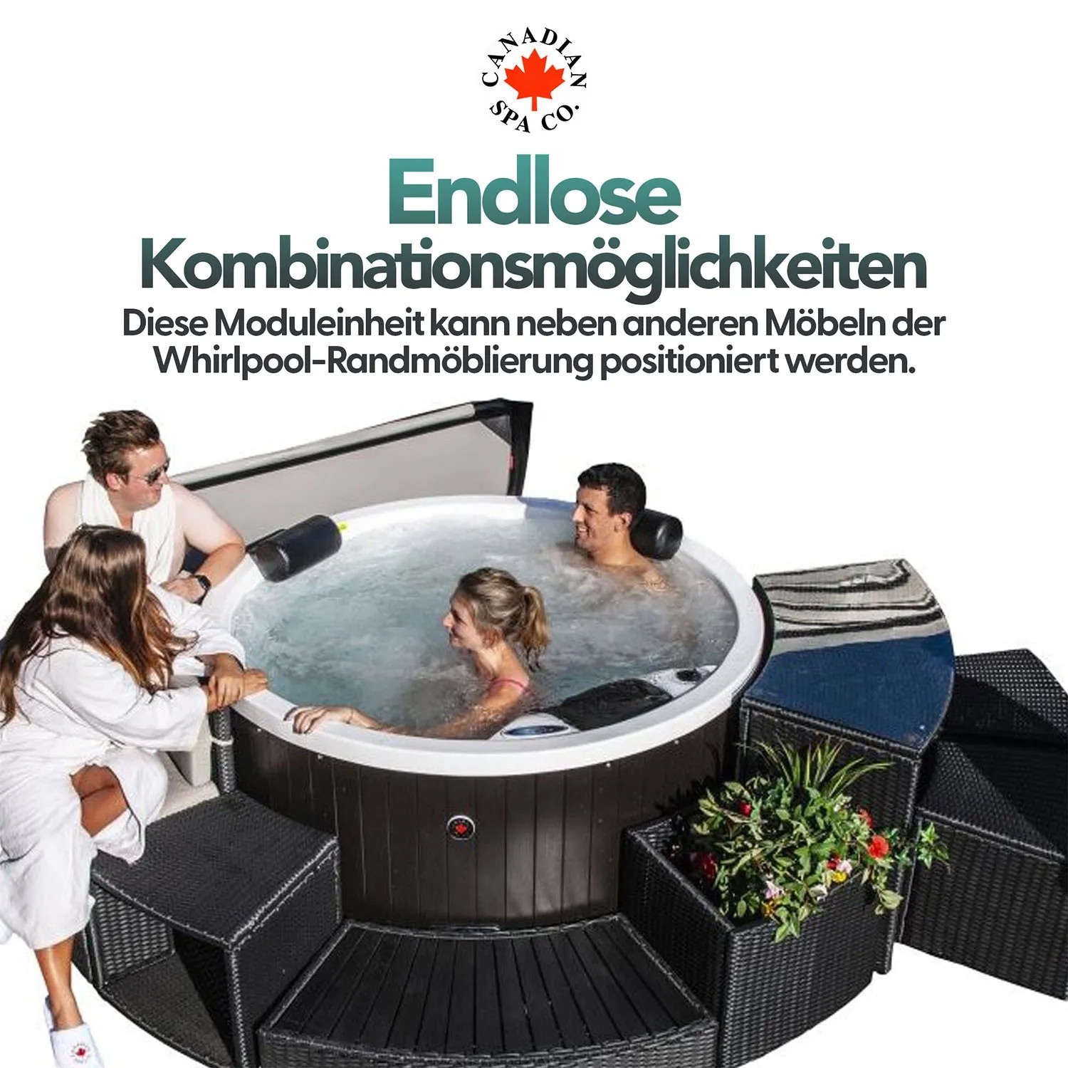 Canadian Spa Stufe in Braun für runde Whirlpools, Teil der Whirlpool Randmöbel Kollektion.