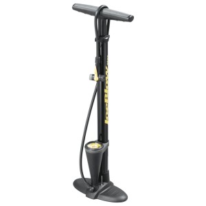 Schwarze Topeak JoeBlow Max II Standpumpe mit gelben Akzenten, T-Griff und Manometer für Fahrräder.