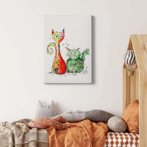 Buntes Leinwandbild mit abstraktem Katzenmotiv für moderne Wanddeko in Flur und Küche.