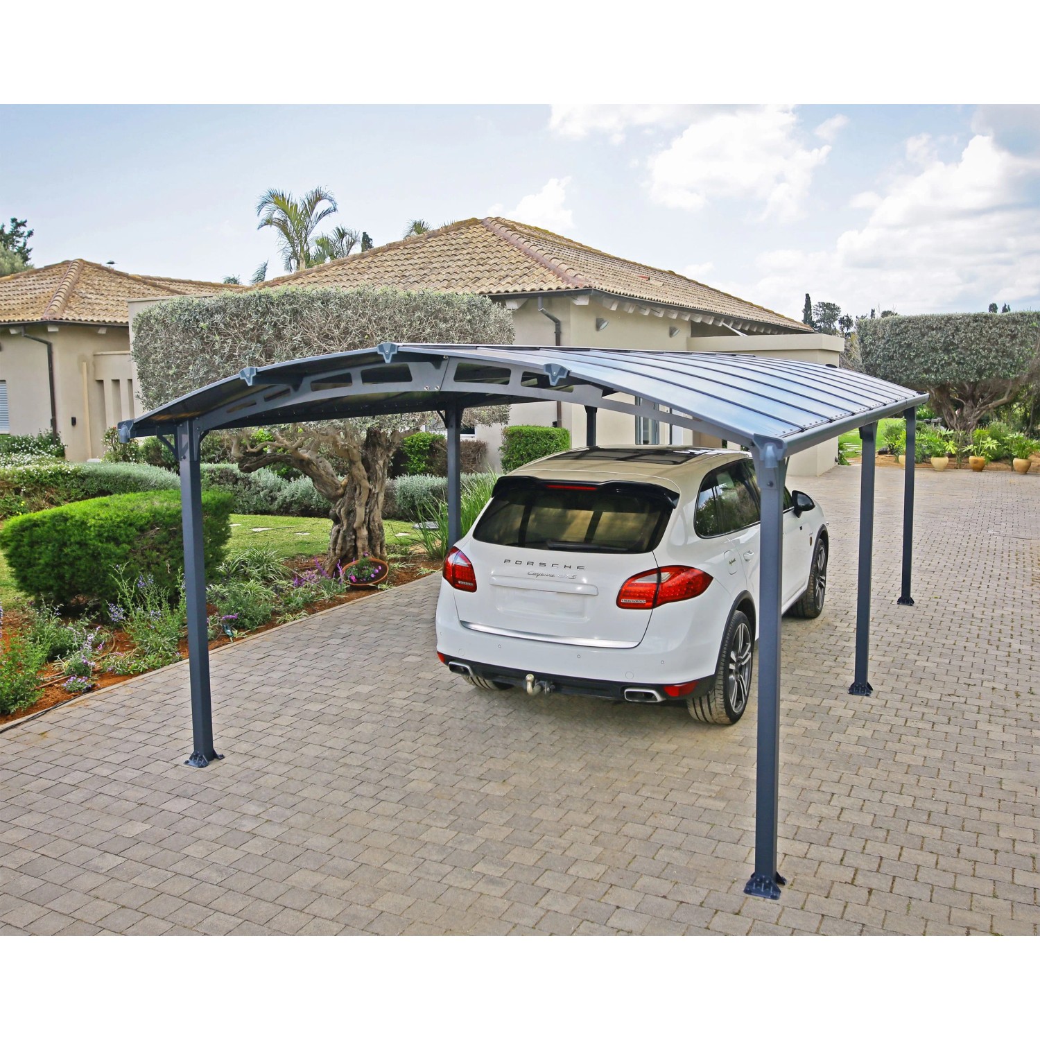 Canopia Carport Arcadia 6400 in Anthrazit mit Auto. Stabiler Unterstand für PKW, Motorrad oder Fahrräder.