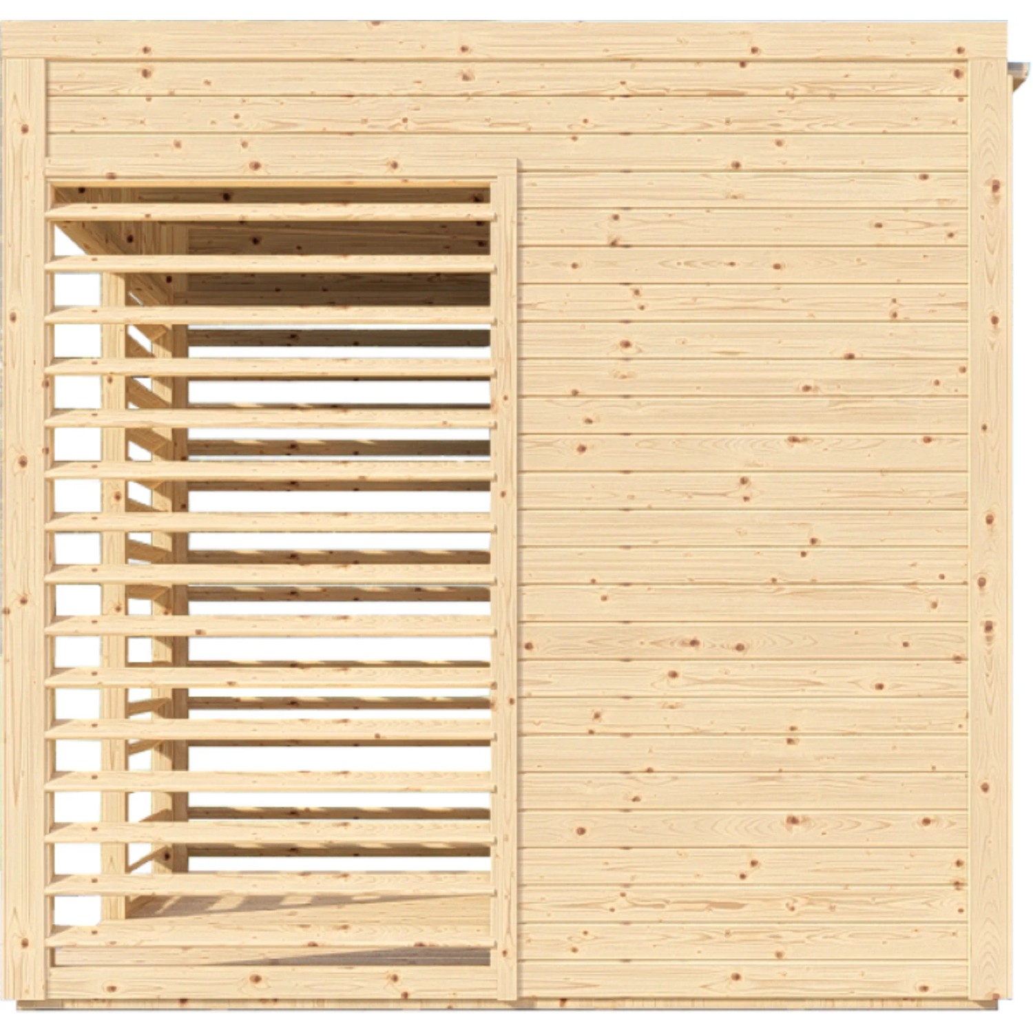 Bertilo Pavillon Garten-Lounge aus Holz, naturbelassen, mit Lamellenwand und geschlossenem Wandteil.
