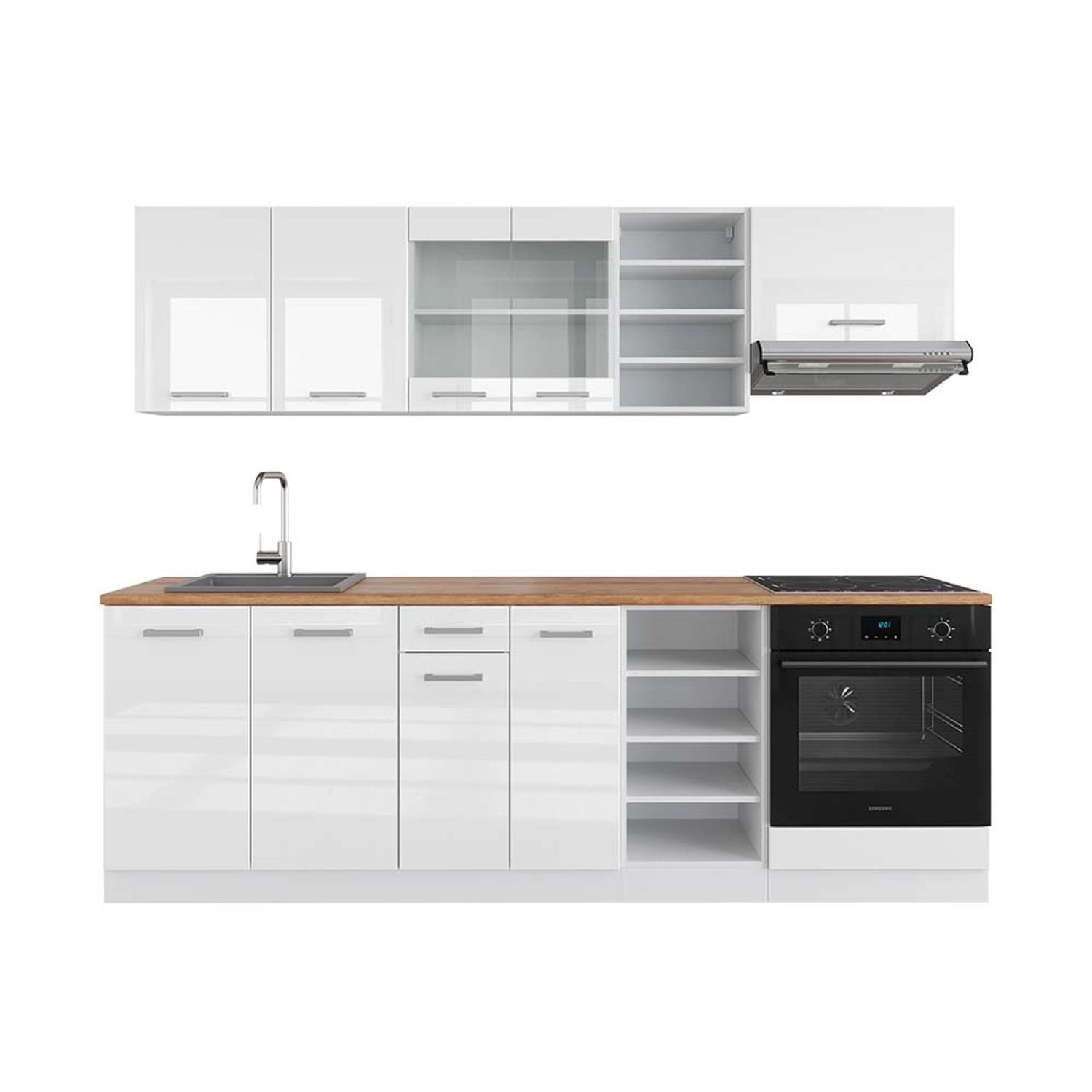 Vicco R-Line Küchenzeile Weiß Hochglanz/Weiß 240 cm AP Eiche günstig online kaufen