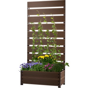 Dunkelbraunes Dobar Pflanzbeet mit Rankgitter aus WPC, bepflanzt mit Blumen und Kletterpflanzen.