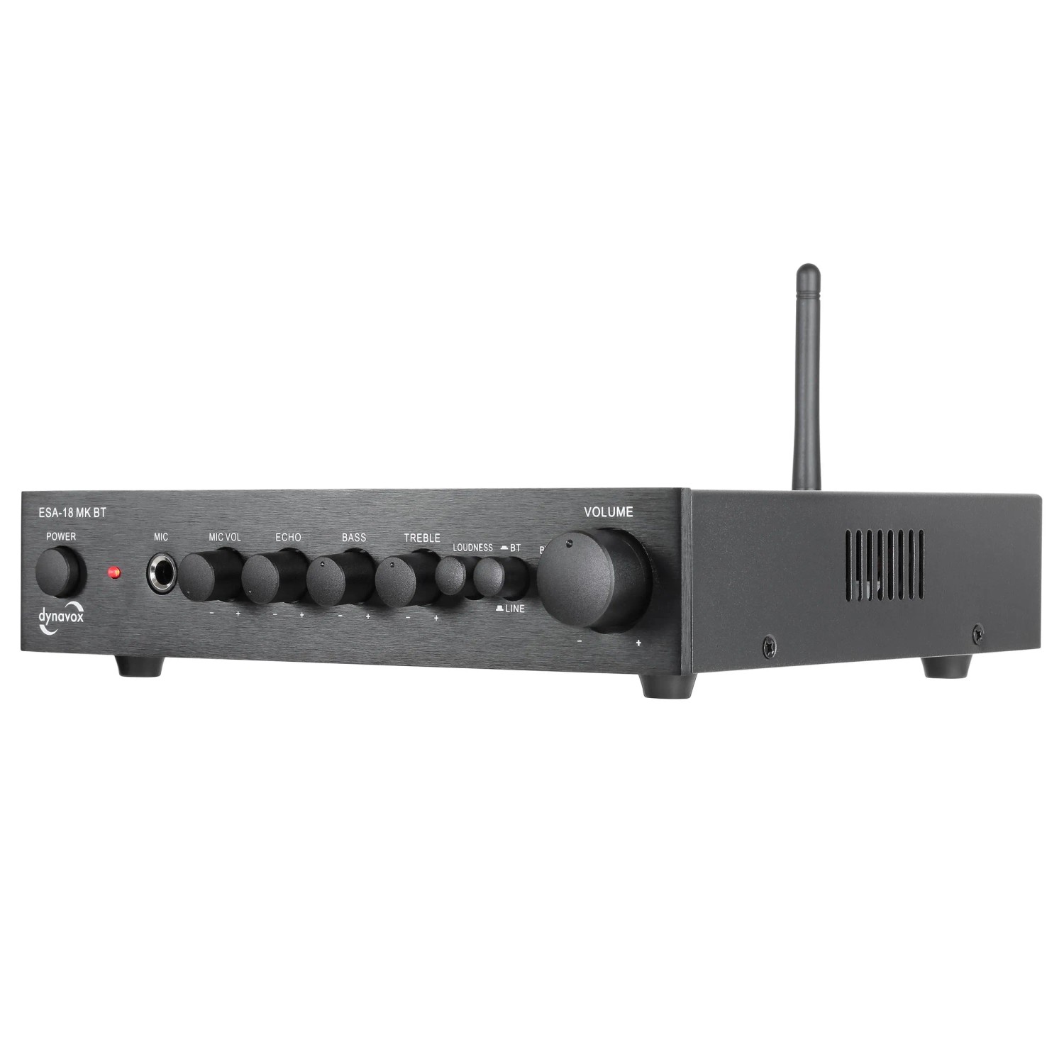 Schwarzer Dynavox ESA-18 MK BT Verstärker mit Bluetooth, Karaoke-Funktion und Antenne.