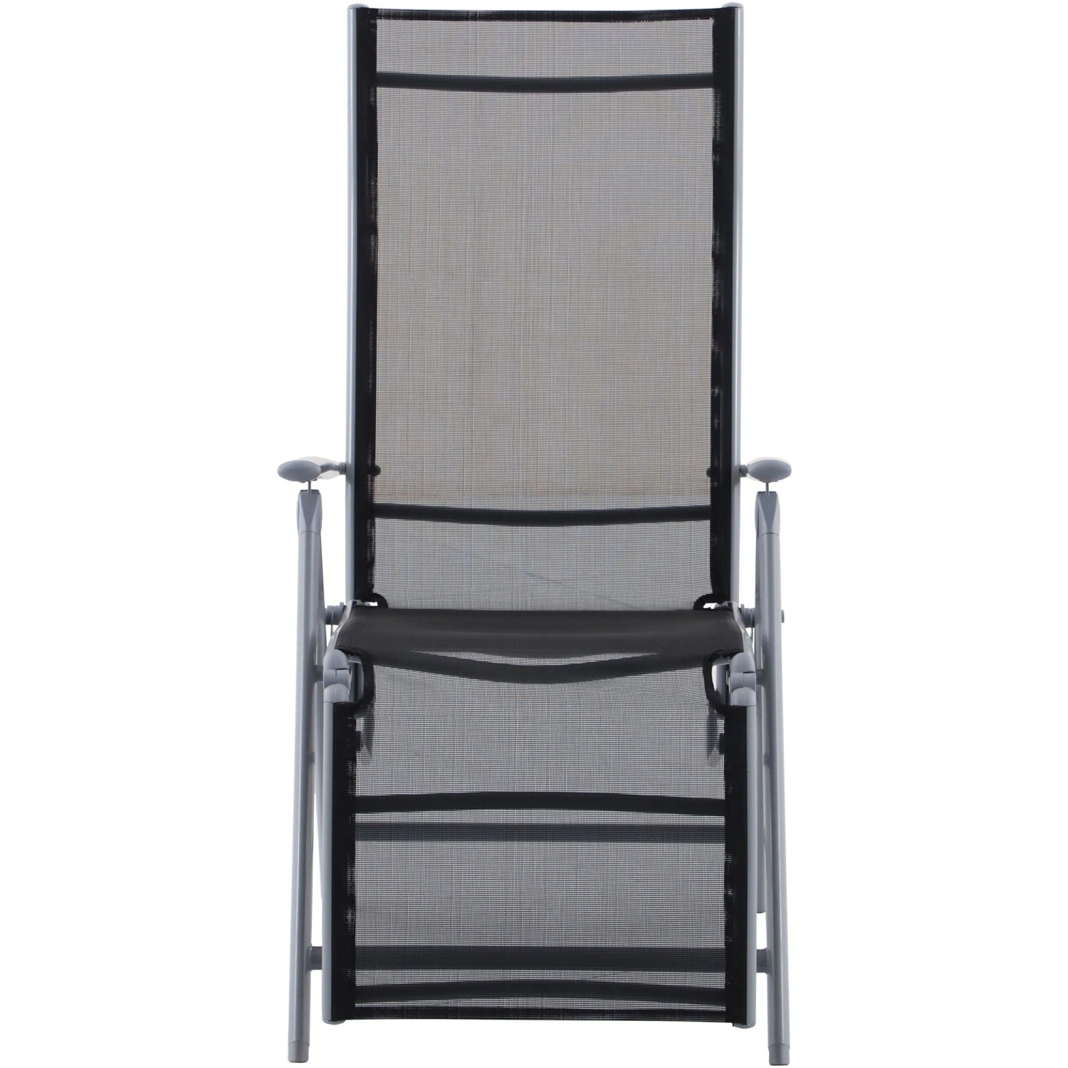 Grauer Garden Pleasure Relaxsessel Ariola, klappbar, mit Aluminiumgestell und schwarzer Textilbespannung.