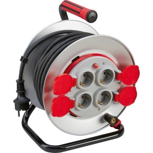 Kabeltrommel mit 25 m Kabel, IP44 Schutz, Überhitzungsschutz und 4 Steckdosen.
