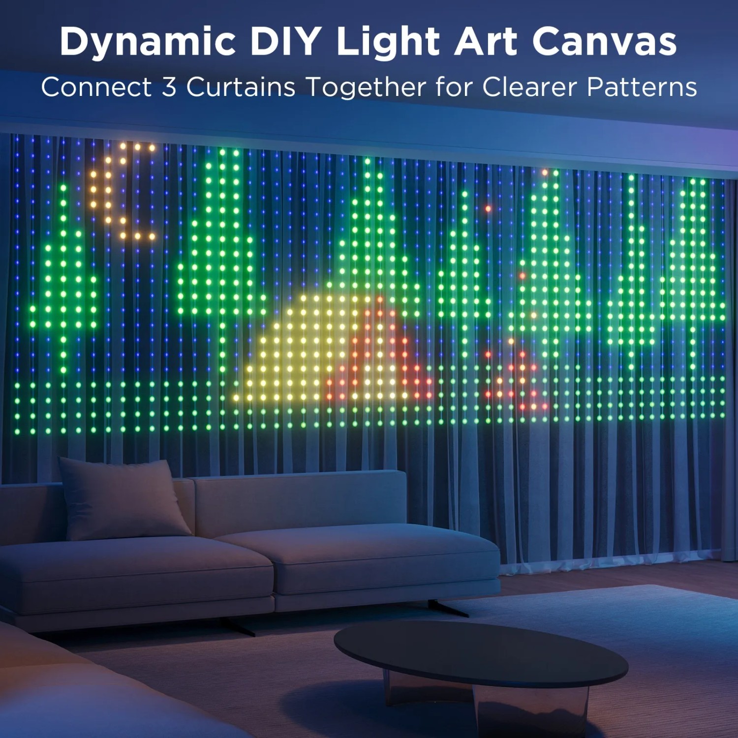 Govee X Netflix Gardinenleuchte H70BC mit bunten LED Mustern im Wohnzimmer.