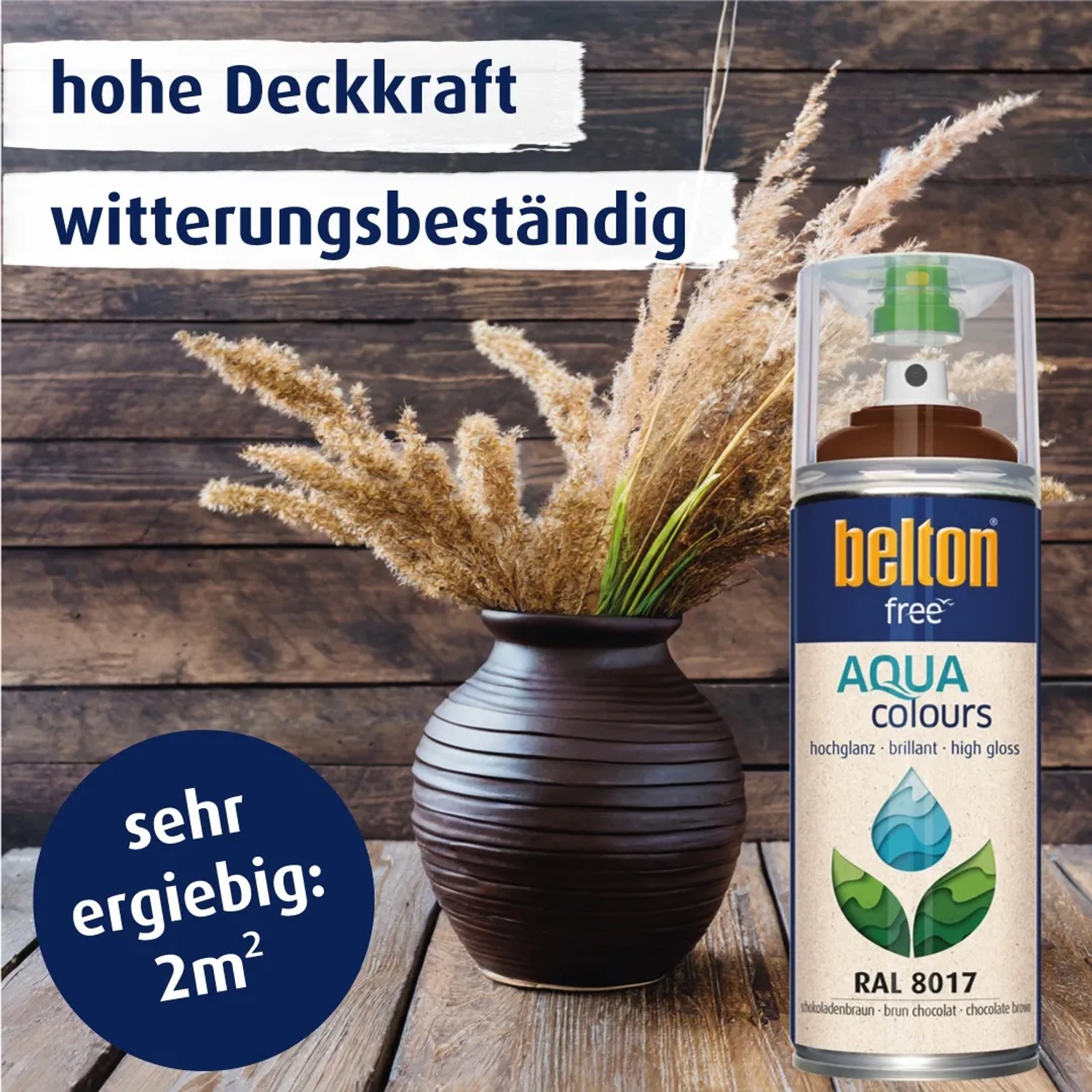 Belton Free AQUAcolours Buntlack Spray RAL 8017 Schokobraun hochglänzend, mit Dekoration.