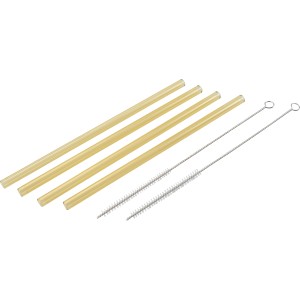 Fackelmann Glastrinkhalme Sommerparty, 4 gelbe Halme mit 2 Reinigungsbürsten aus Edelstahl.